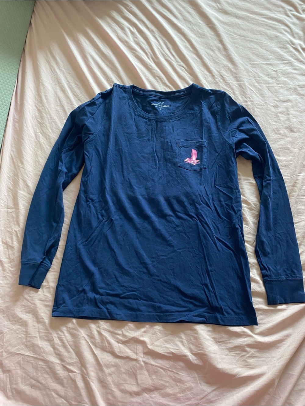 Vineyard Vibes Navy Long Sleeve Pocket Tee with Pink Sailboat Graphic
